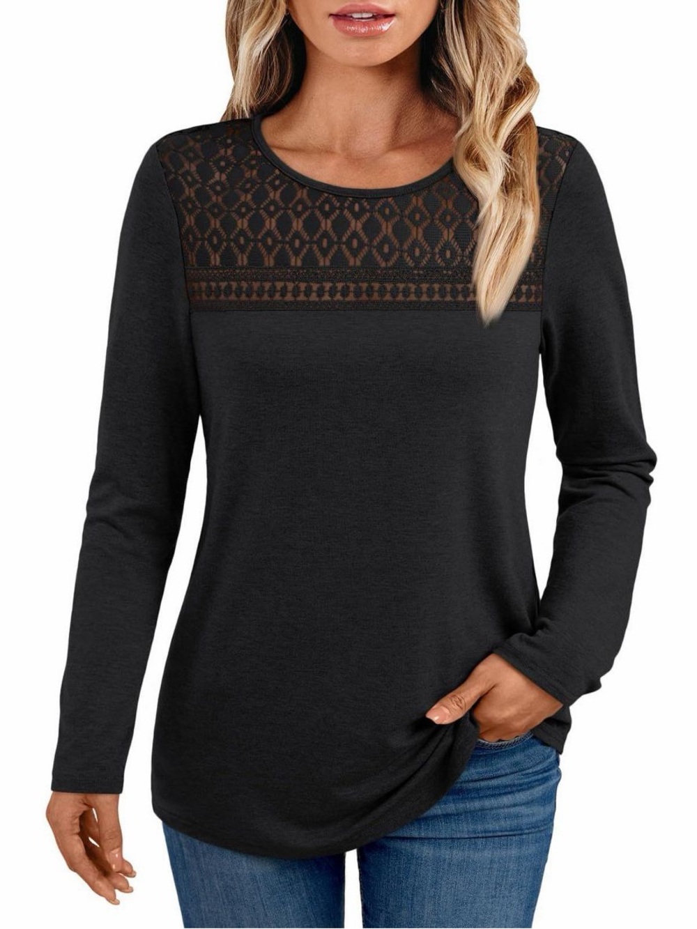 Kohl's Black Lace Yoke Long Sleeve Top - Women's